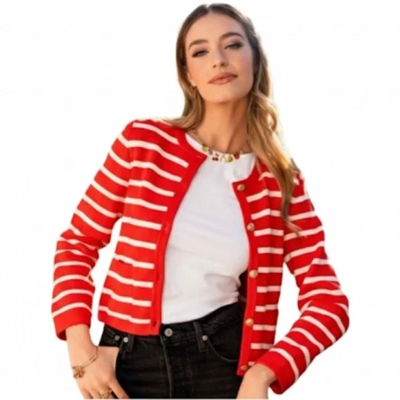 J. Crew “Emilie Sweater Lady Jacket” Red/Cream Stripe Size XL EUC! - Picture 8 of 8